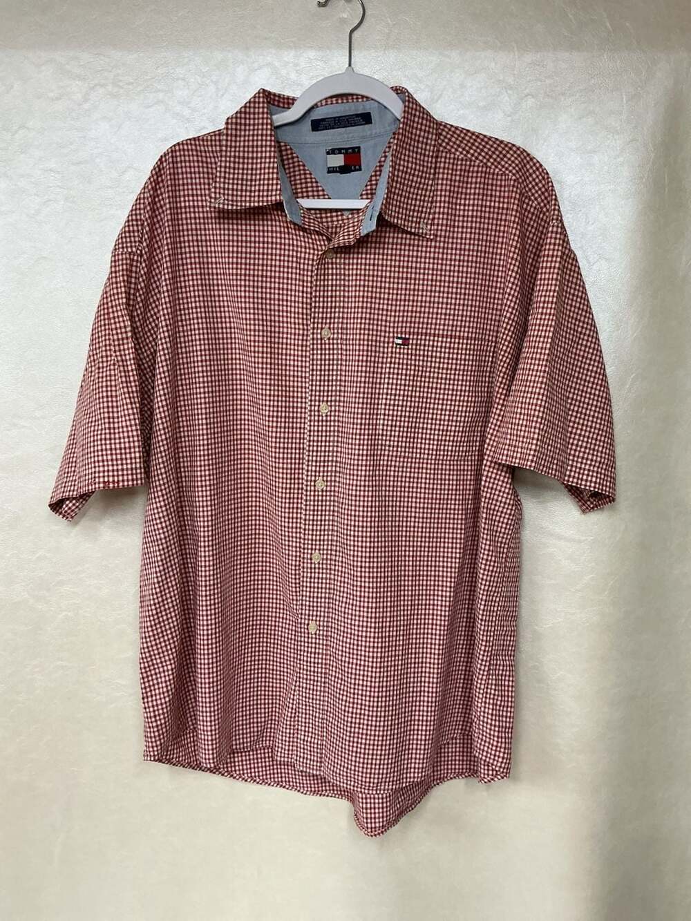 Tommy Hilfiger Men's Red Gingham Check Short Sleeve Button Up Casual Shirt